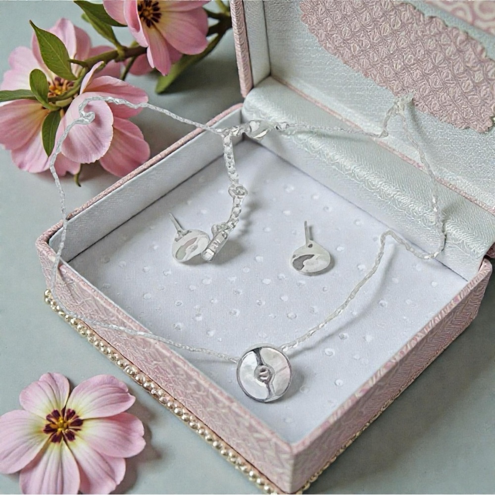 Stainless Steel Necklace, Charm with Mirger if Pearls and Earrings Set